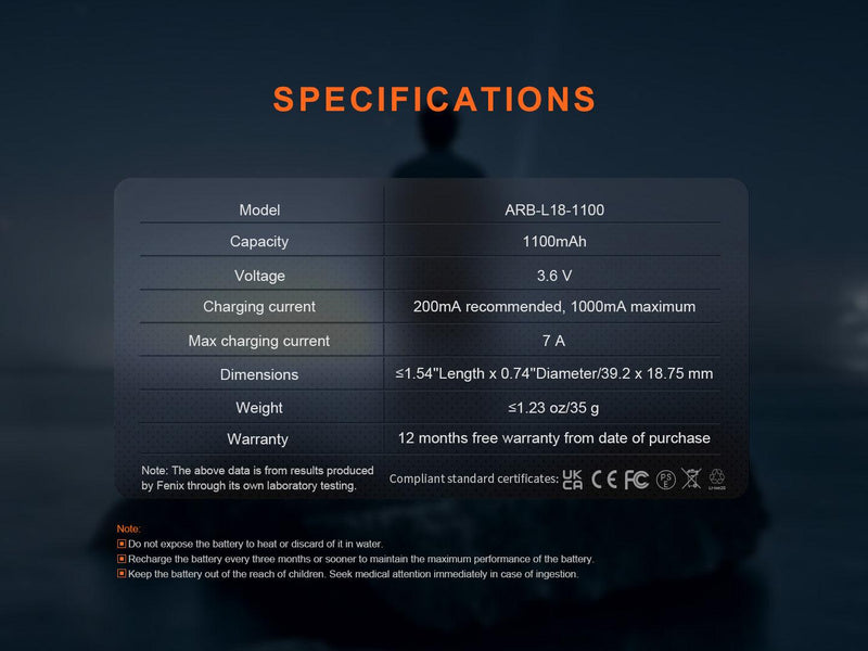 Laden Sie das Bild in Galerie -Viewer, Fenix ARB-L18-1100 - Wiederaufladbarer 18350 Li-Ion-Akku (1100 mAh)