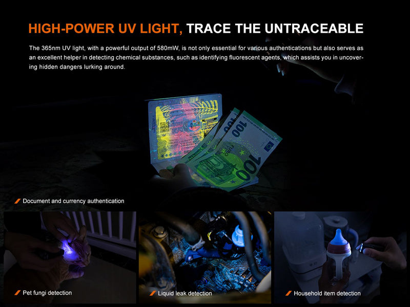 Laden Sie das Bild in Galerie -Viewer, Fenix E06R vereint Weißlicht, UV-Licht und Laserpointer, 700 Lumen
