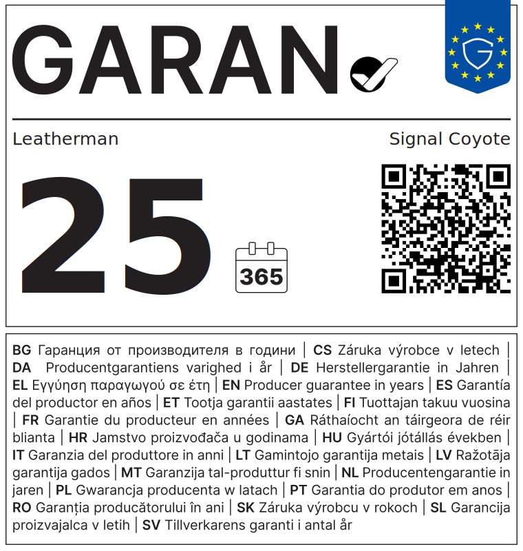EU-GARAN-Label: Leatherman Signal Coyote, 25 Jahre Herstellergarantie