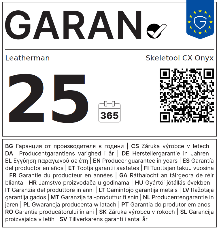 EU-GARAN-Label: Leatherman Skeletool CX Onyx, 25 Jahre Herstellergarantie